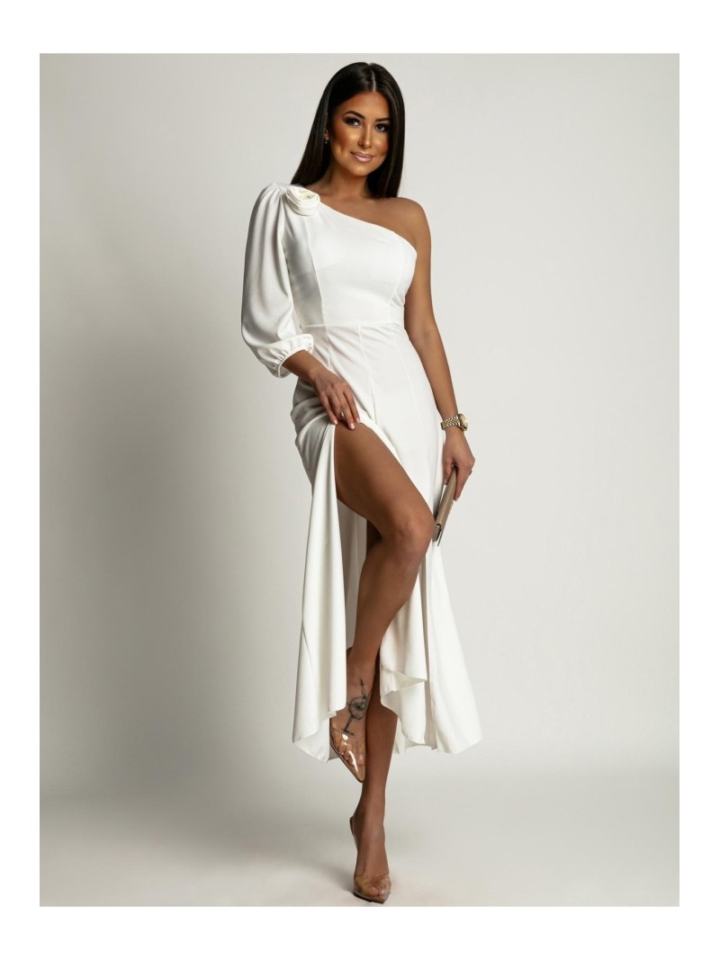 Maxi dress with an asymmetrical neckline, white AZR241089